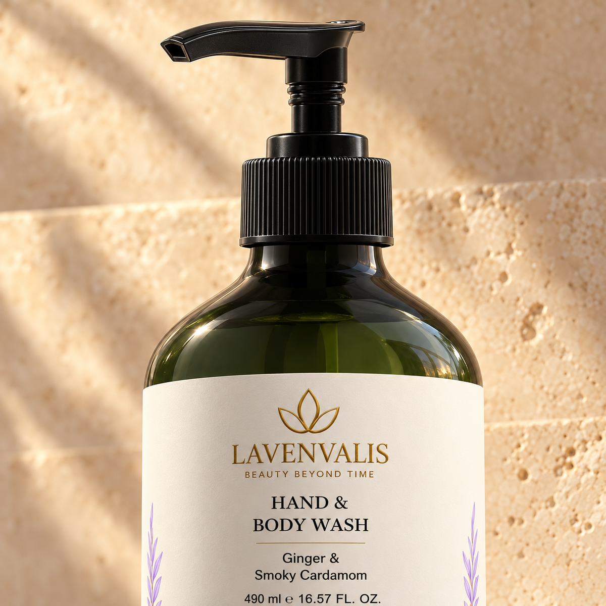 Lavenvalis Hand & Body Wash Ginger & Smoky Cardamom 490 ml — pump detail