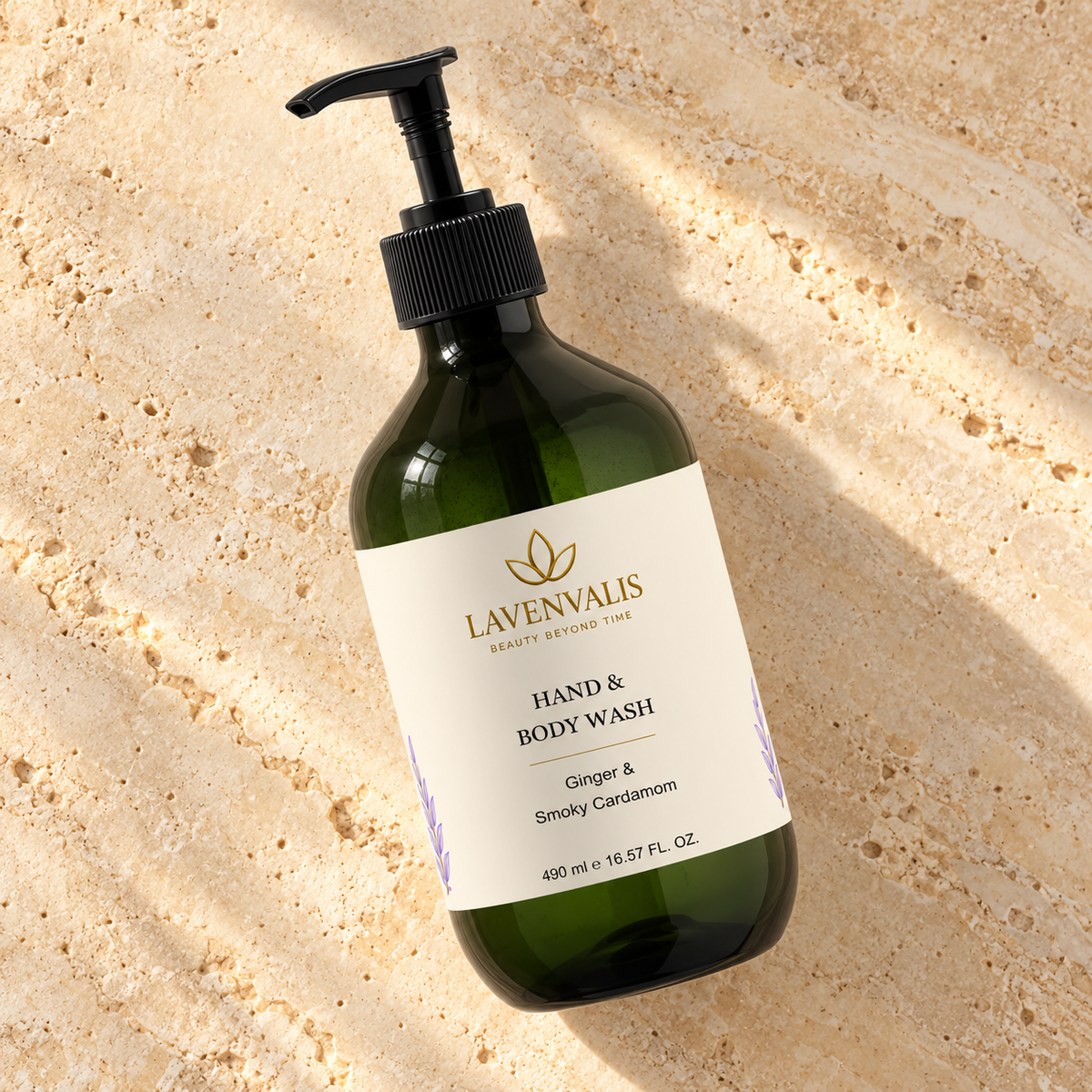Lavenvalis Hand & Body Wash Ginger & Smoky Cardamom 490 ml — diagonal bottle