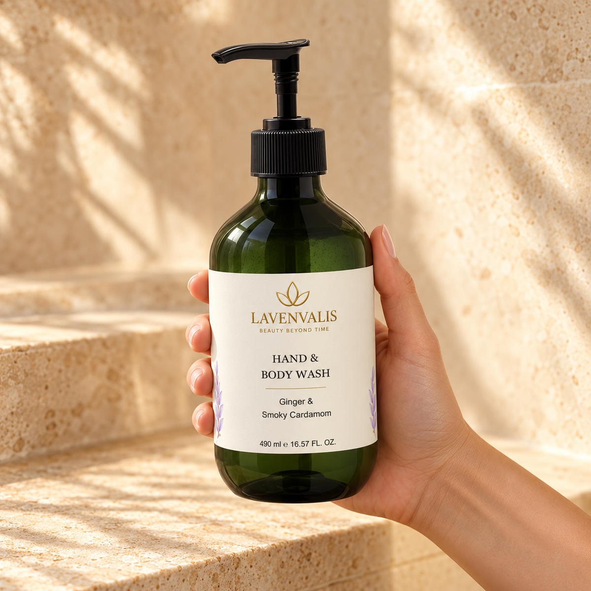 Lavenvalis Hand & Body Wash Ginger & Smoky Cardamom 490 ml — bottle in hand
