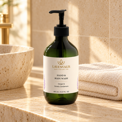 Lavenvalis Hand & Body Wash Ginger & Smoky Cardamom 490 ml — bathroom still life