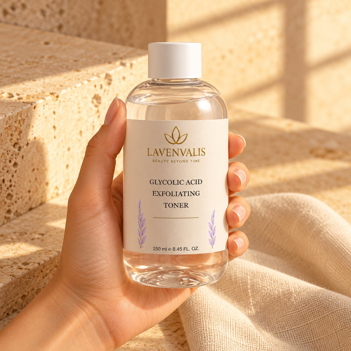Lavenvalis Glycolic Acid Exfoliating Toner 250 ml — bottle in hand