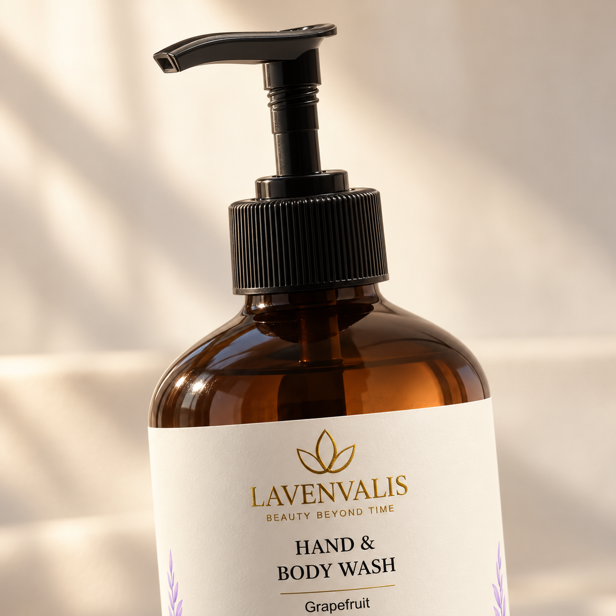 Lavenvalis Hand & Body Wash Grapefruit 490 ml — black pump and logo detail