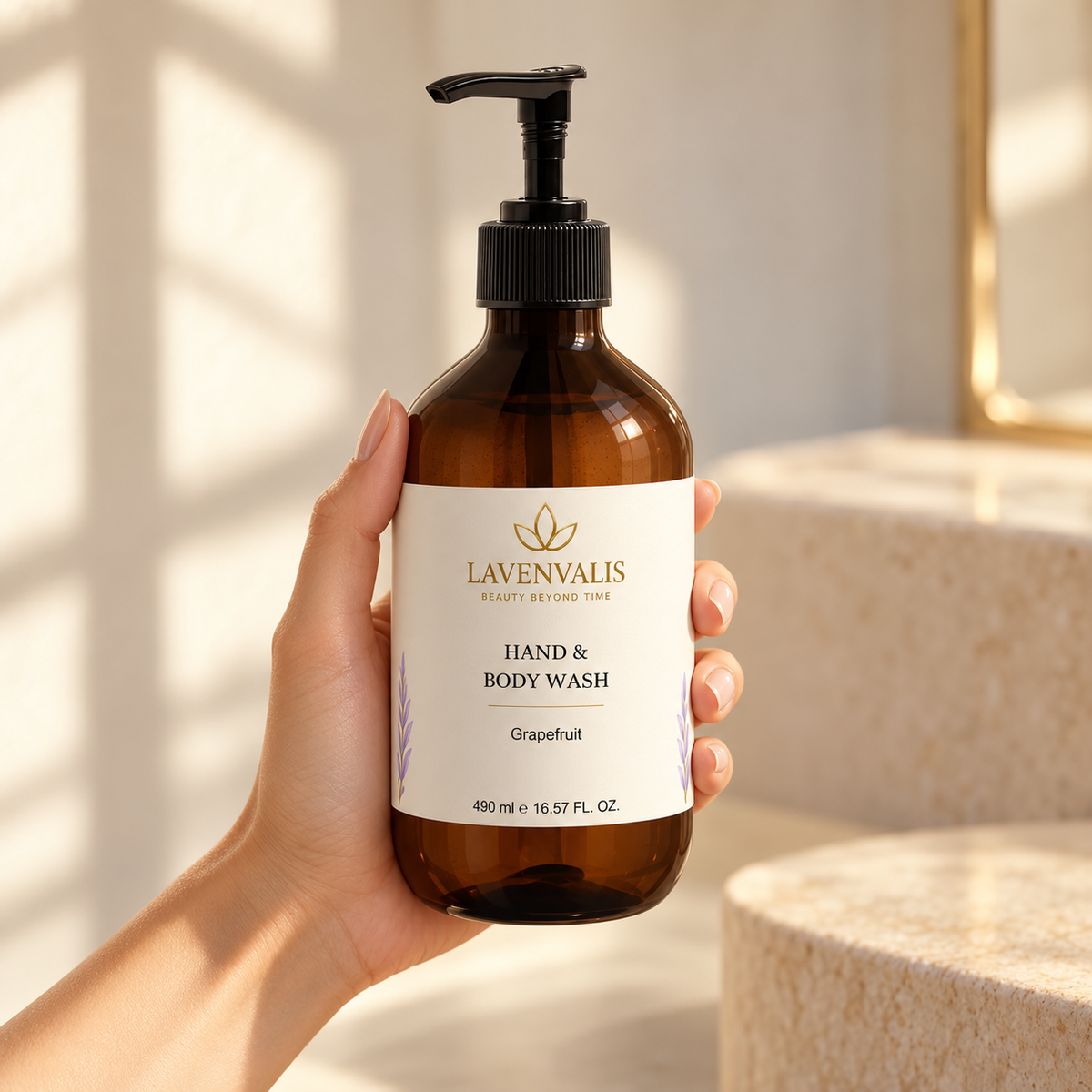 Lavenvalis Hand & Body Wash Grapefruit 490 ml — held in hand