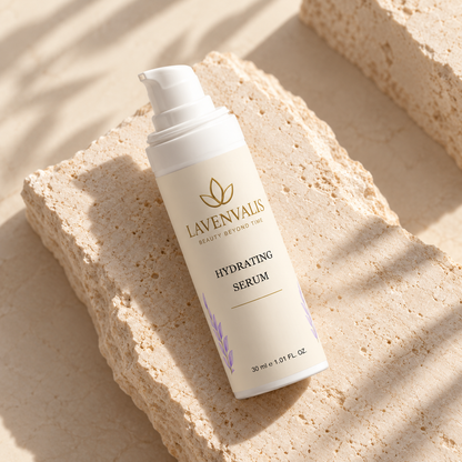 Lavenvalis Hydrating Serum on ivory stone, campaign image