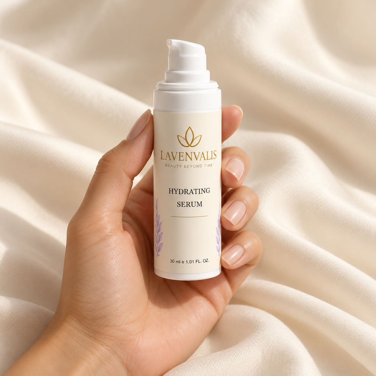Lavenvalis Hydrating Serum in hand, campaign illustration