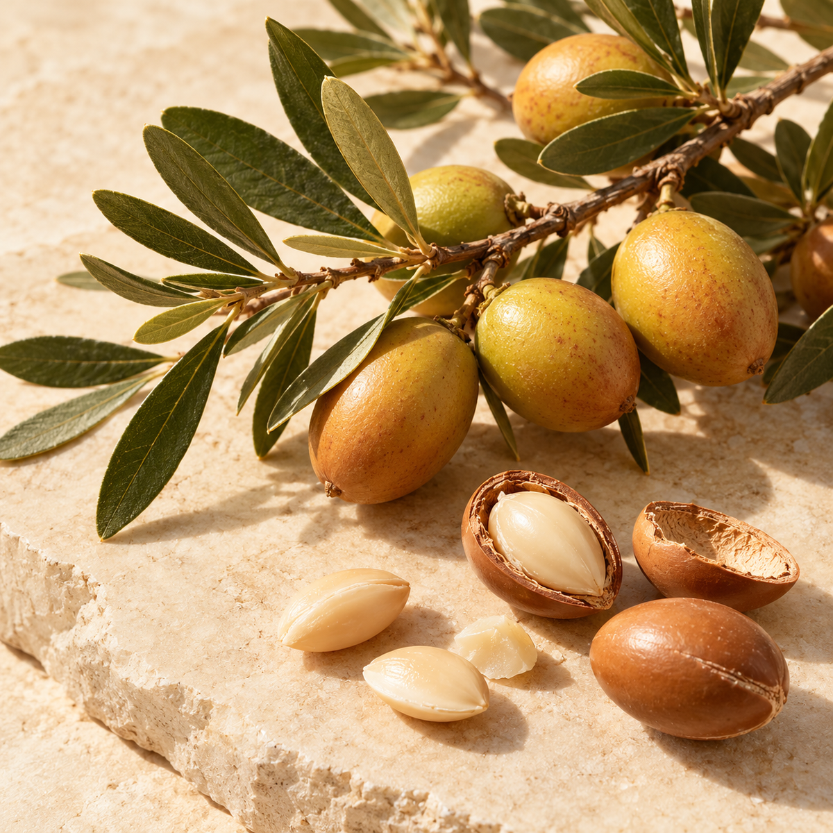 argan botanical ingredient illustration on warm ivory stone