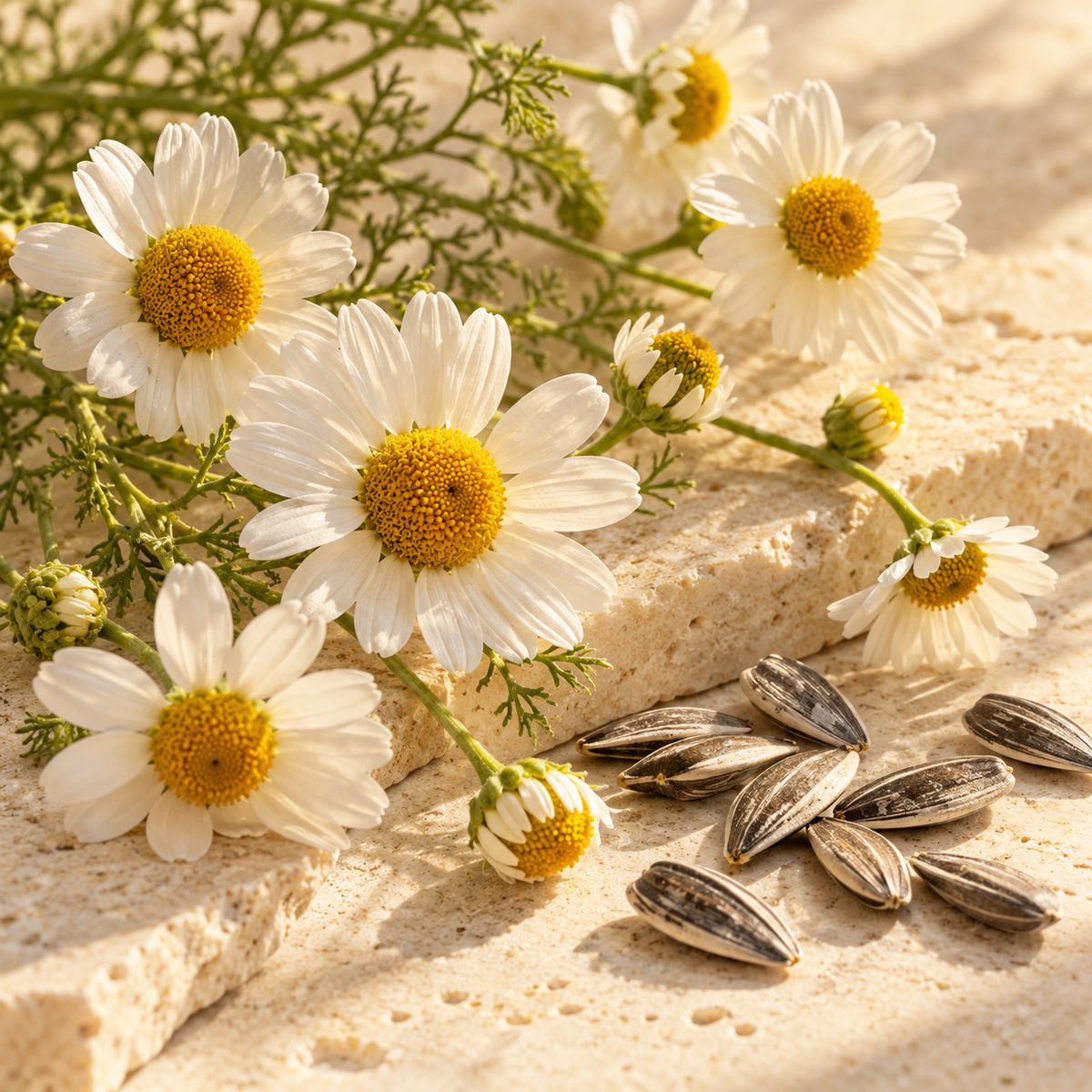 camomile botanical ingredient illustration on warm ivory stone