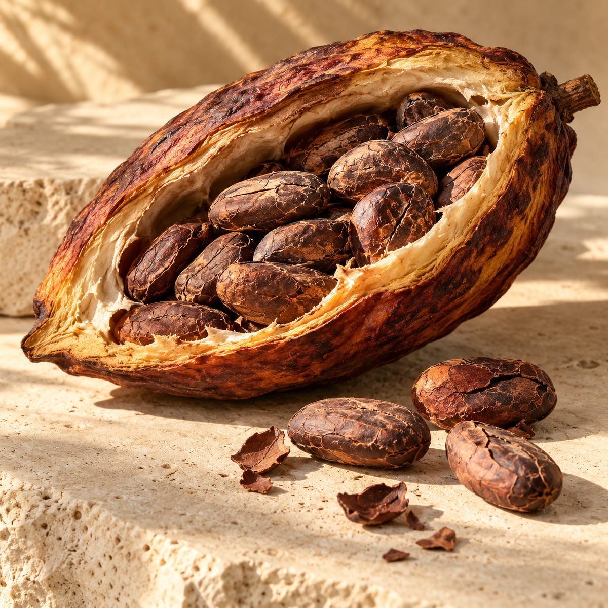 cocoa botanical ingredient illustration on warm ivory stone