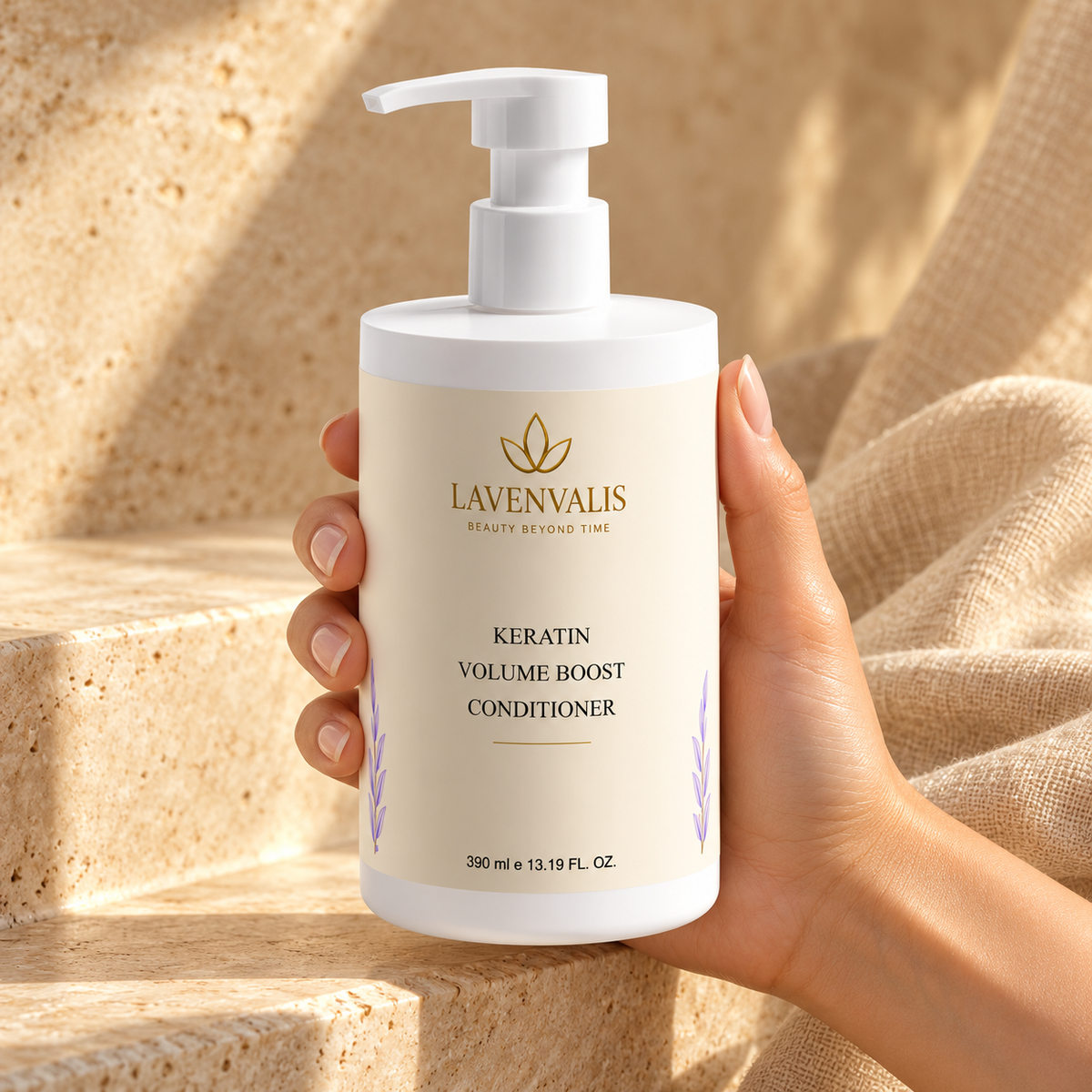 Lavenvalis Keratin Volume Boost Conditioner 390 ml — held in hand