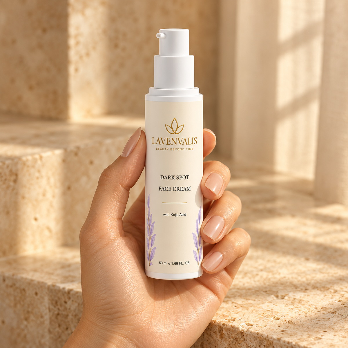 Lavenvalis Dark Spot Face Cream with Kojic Acid 50 ml — bottle in hand