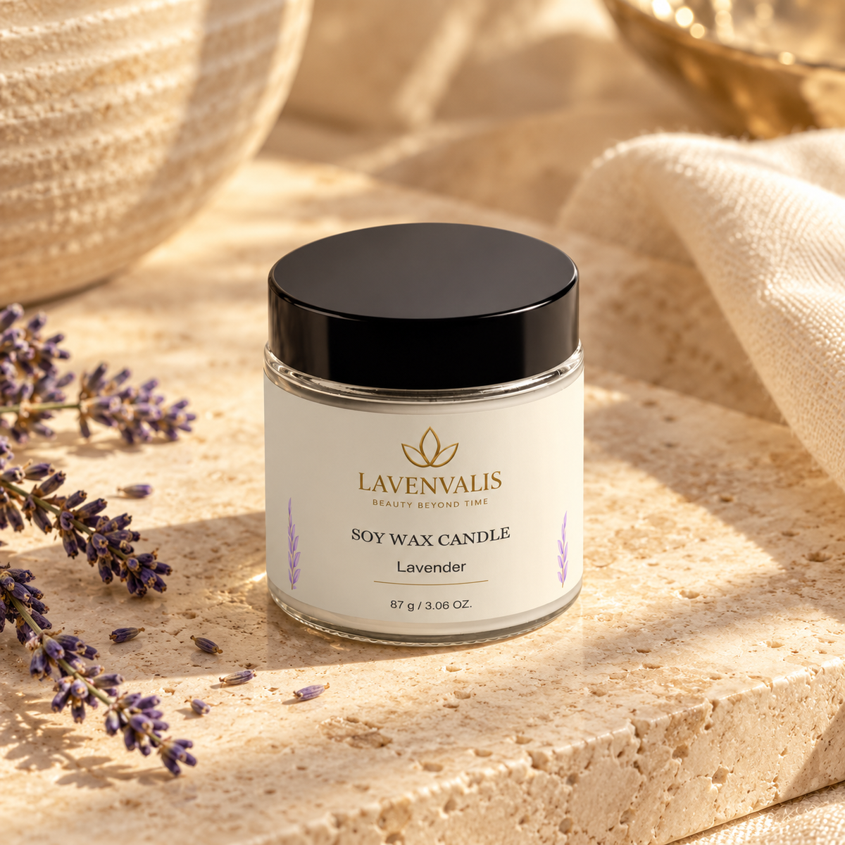 Lavenvalis Soy Wax Candle Lavender87g — elevated closed jar view
