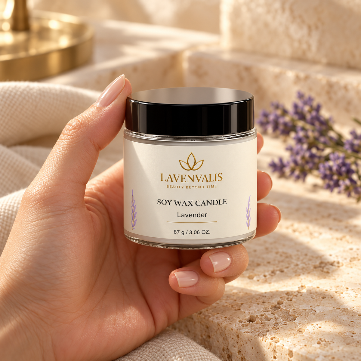 Lavenvalis Soy Wax Candle Lavender87g — closed jar held in hand
