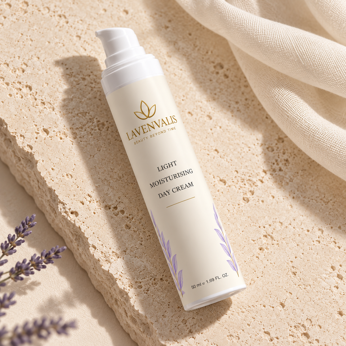 Lavenvalis Light Moisturising Day Cream on stone, campaign image