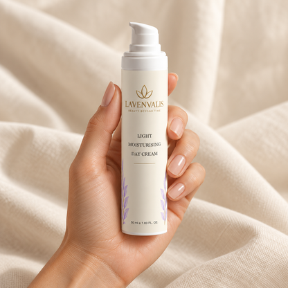 Lavenvalis Light Moisturising Day Cream in hand, campaign illustration