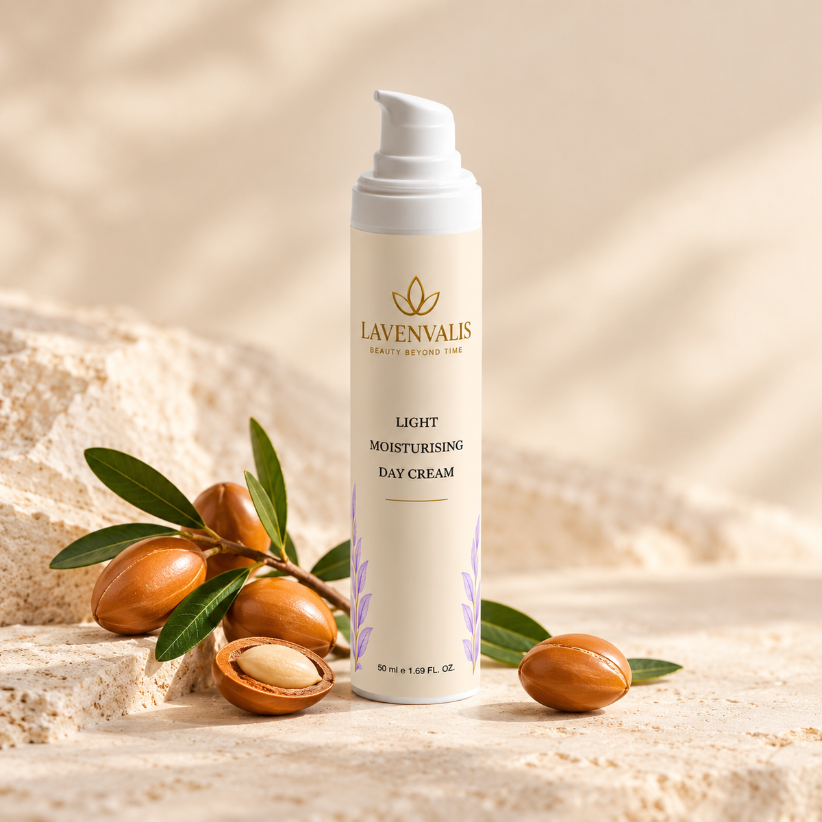 Lavenvalis Light Moisturising Day Cream with argan botanical illustration
