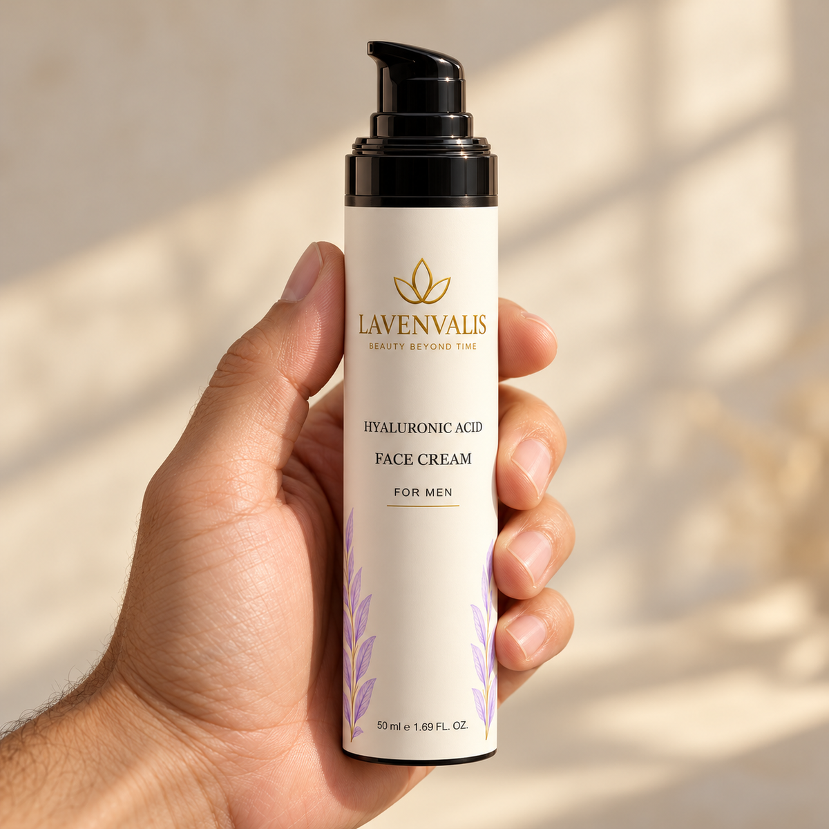 Lavenvalis Hyaluronic Acid Face Cream for Men 50 ml — held in hand
