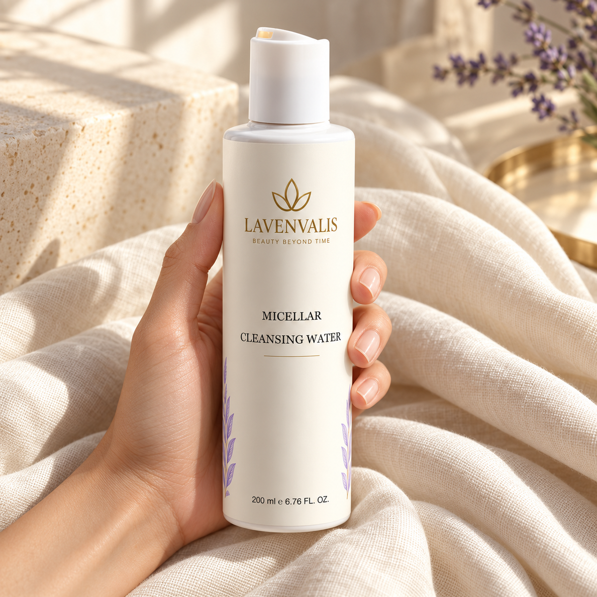 Lavenvalis Micellar Cleansing Water held in hand — generated campaign illustration