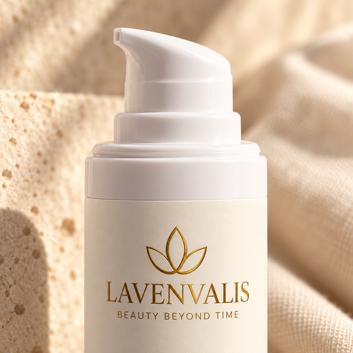 Lavenvalis Niacinamide Gel Moisturiser 50 ml — pump and gold logo macro detail