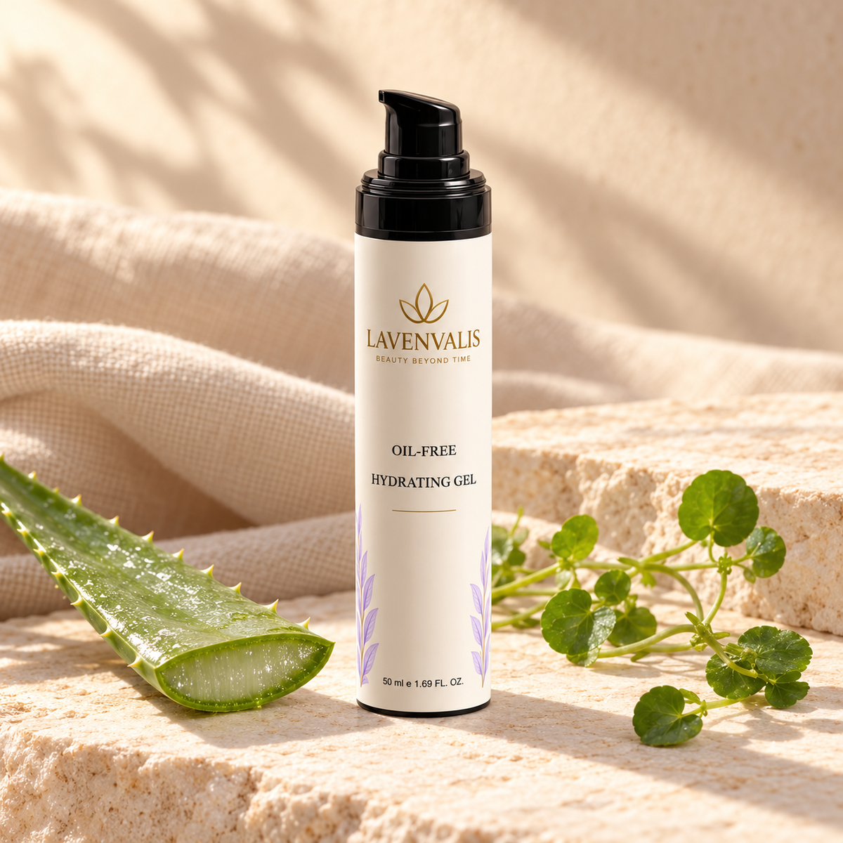 Lavenvalis Oil-Free Hydrating Gel 50 ml with aloe and watercress — generated botanical illustration