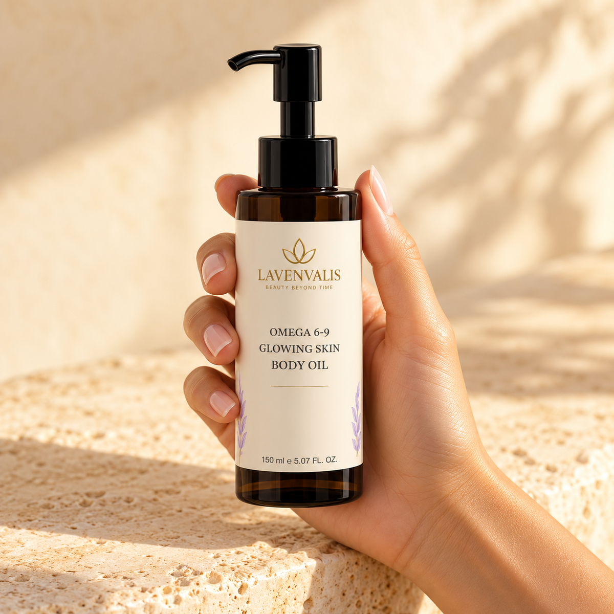 Lavenvalis Omega 6-9 Glowing Skin Body Oil 150 ml — bottle in hand