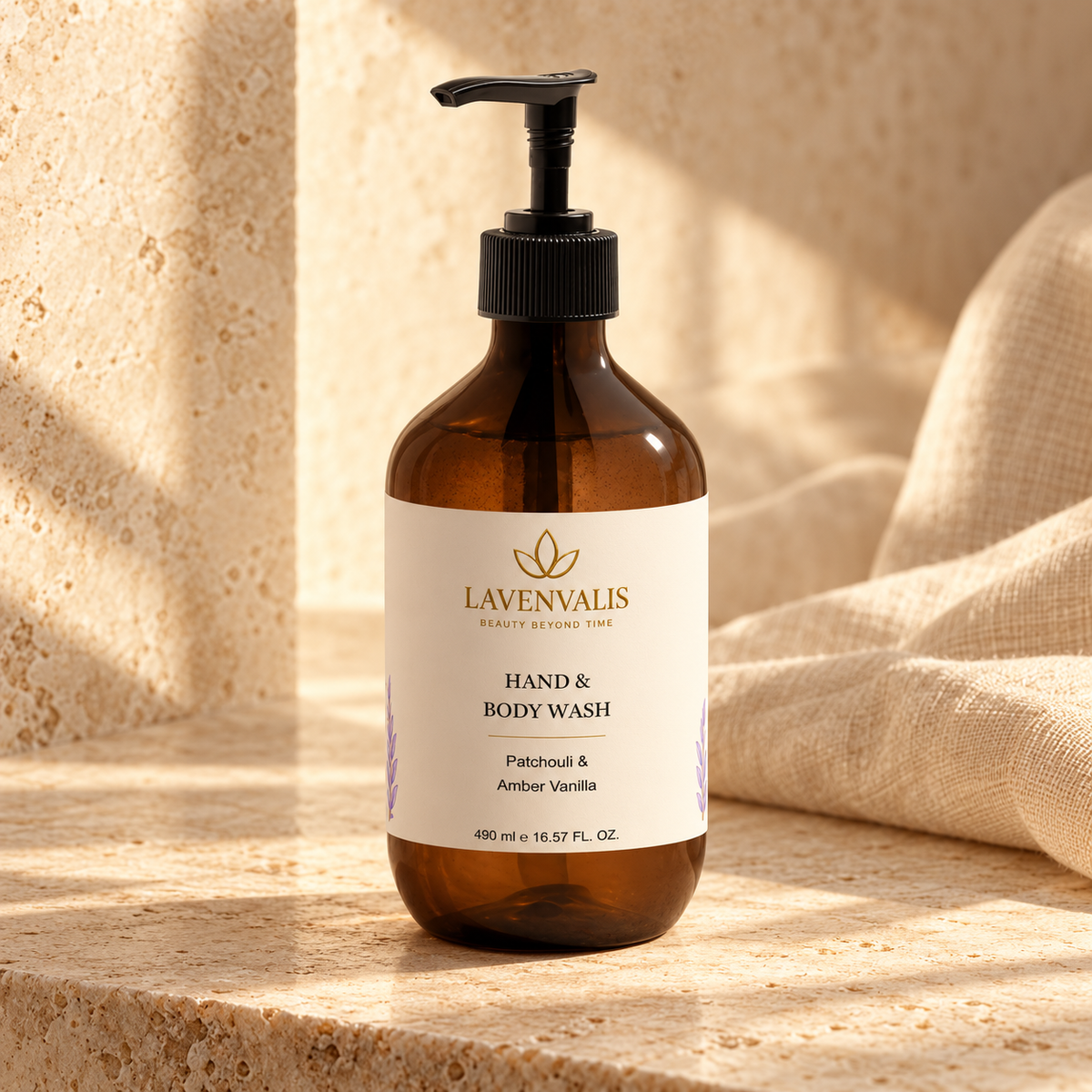Lavenvalis Patchouli & Amber Vanilla Hand & Body Wash 490 ml — front bottle
