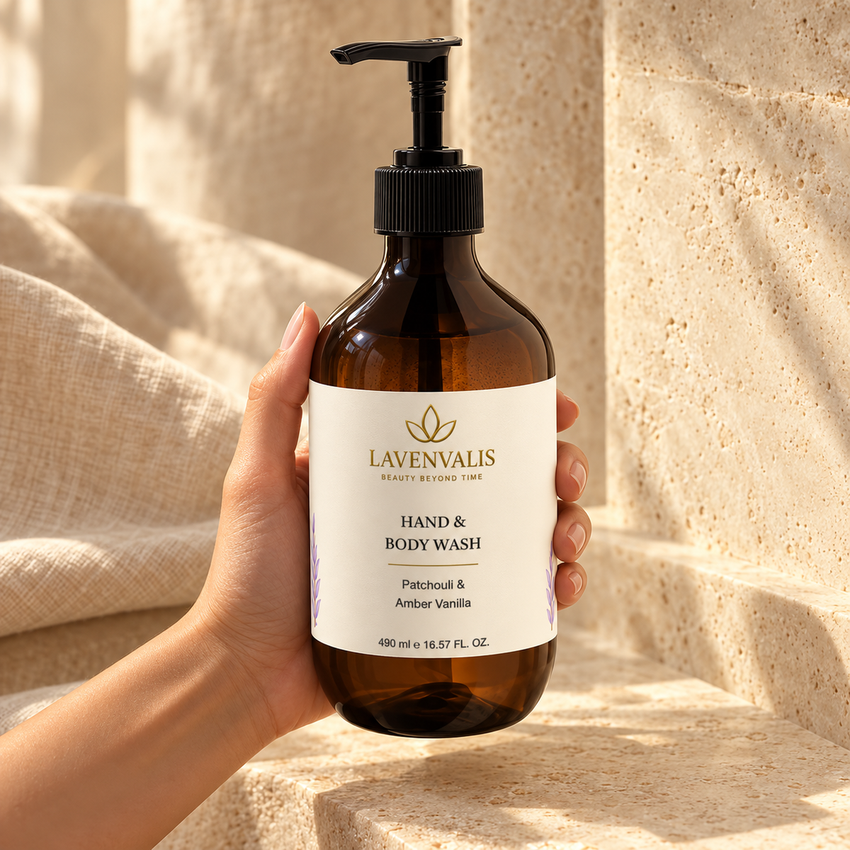 Lavenvalis Patchouli & Amber Vanilla Hand & Body Wash 490 ml — bottle in hand