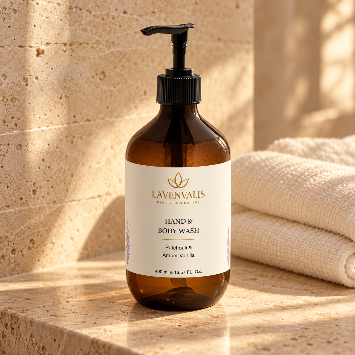 Lavenvalis Patchouli & Amber Vanilla Hand & Body Wash 490 ml — bathroom still life