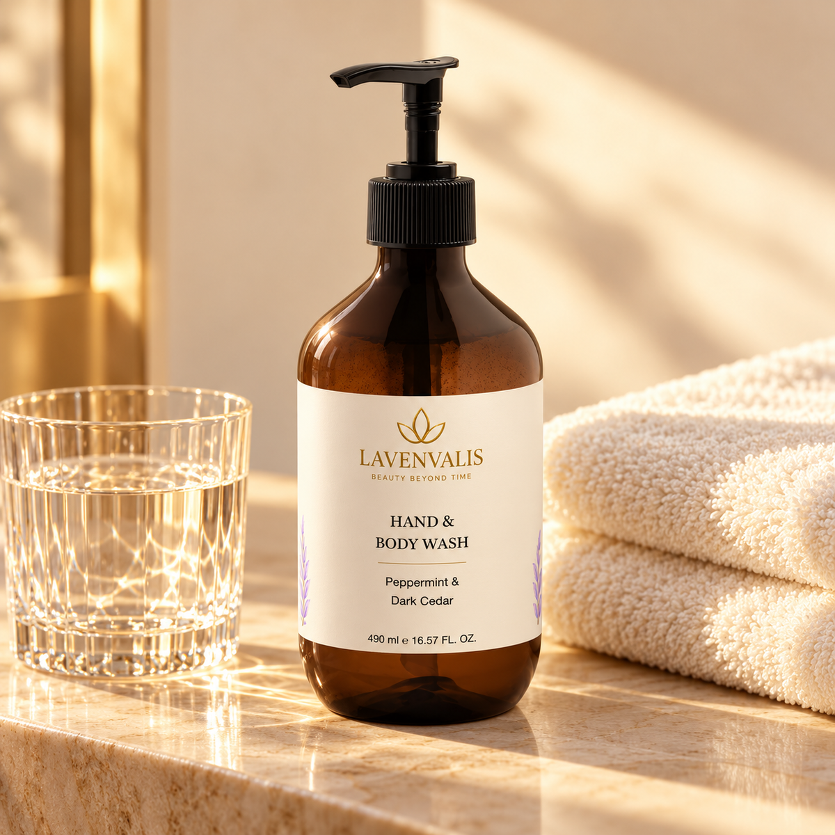 Lavenvalis Hand & Body Wash Peppermint & Dark Cedar490ml — bath ritual still life