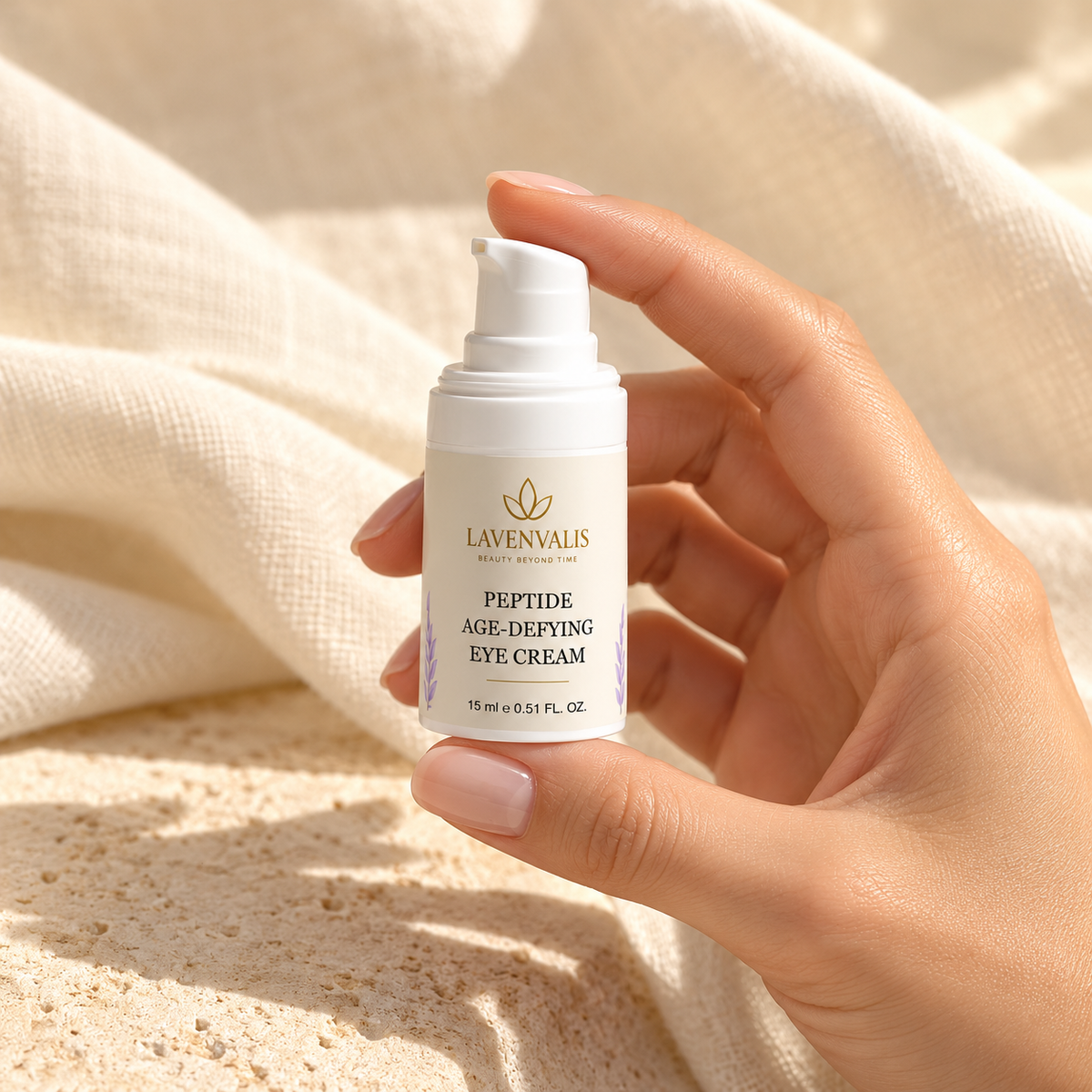Lavenvalis Peptide Age-Defying Eye Cream 15 ml — held in hand — generated campaign illustration