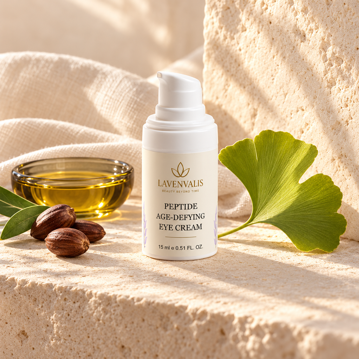 Lavenvalis Peptide Age-Defying Eye Cream 15 ml — jojoba and ginkgo — ingredient illustration