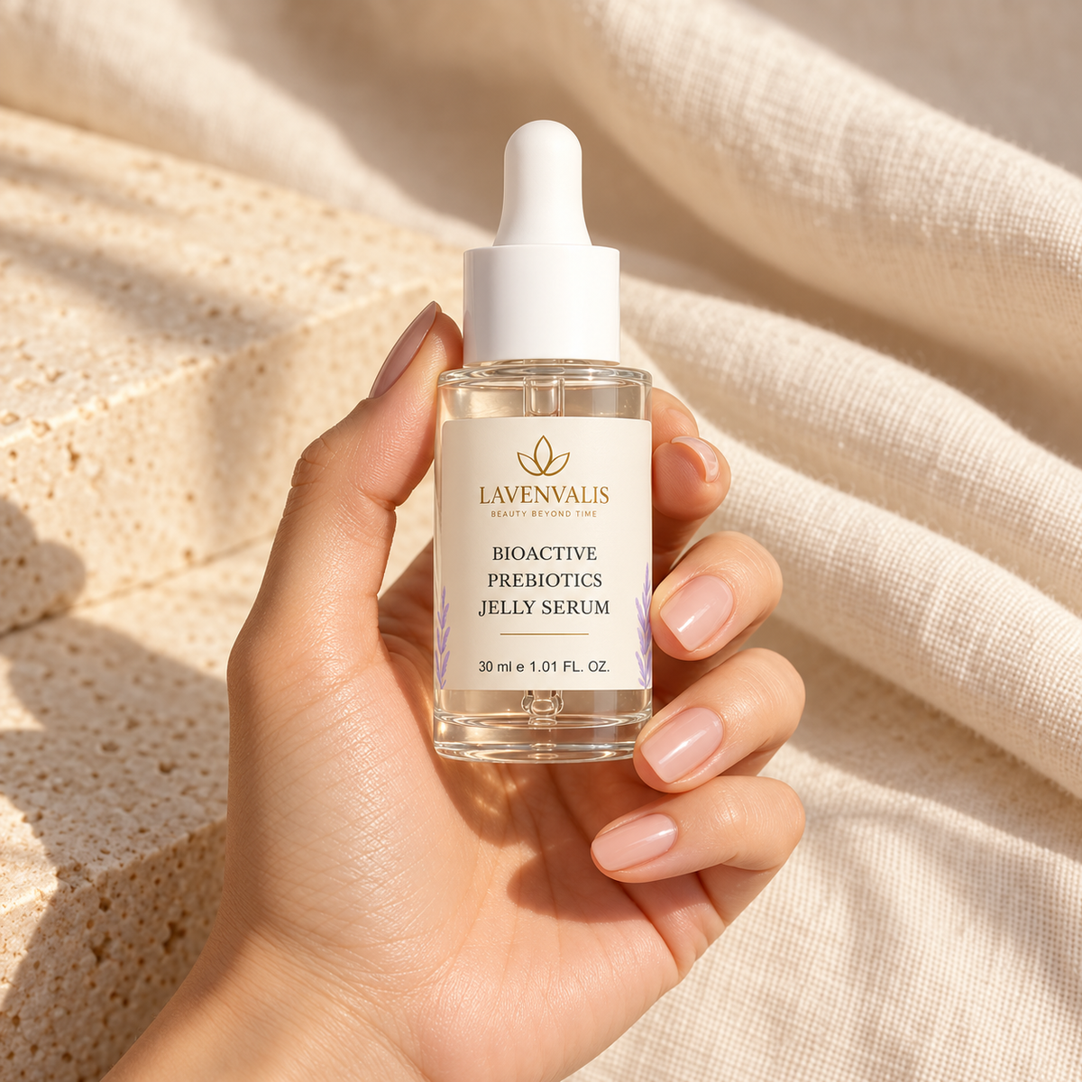 Lavenvalis Bioactive Prebiotics Jelly Serum 30 ml — bottle held in hand