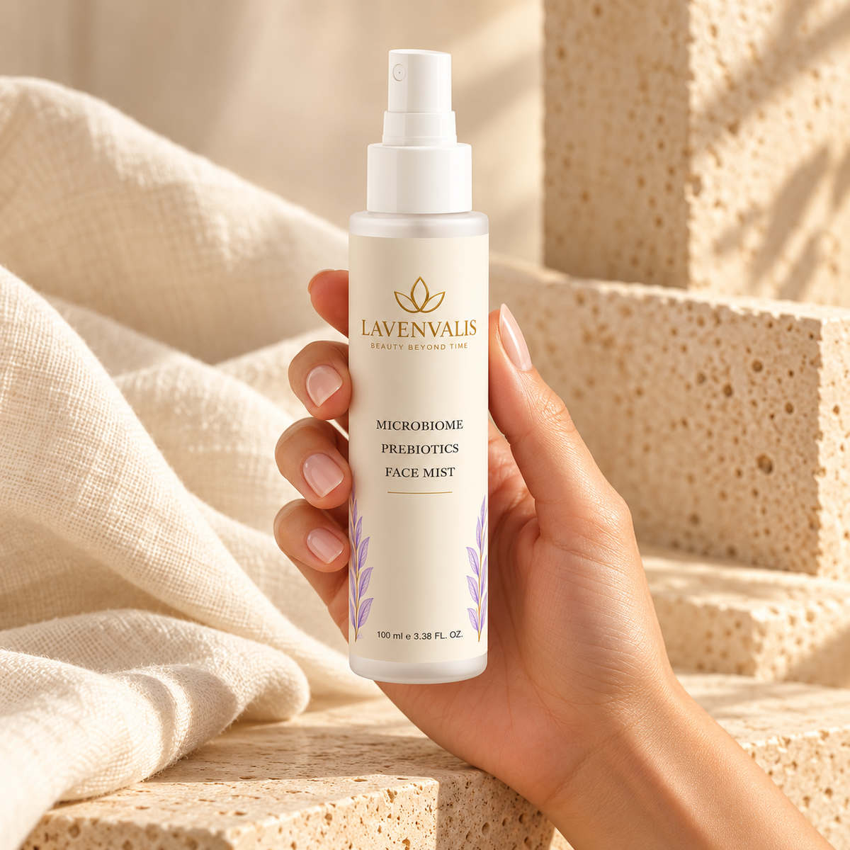 Lavenvalis Microbiome Prebiotics Face Mist 100 ml — bottle held in hand