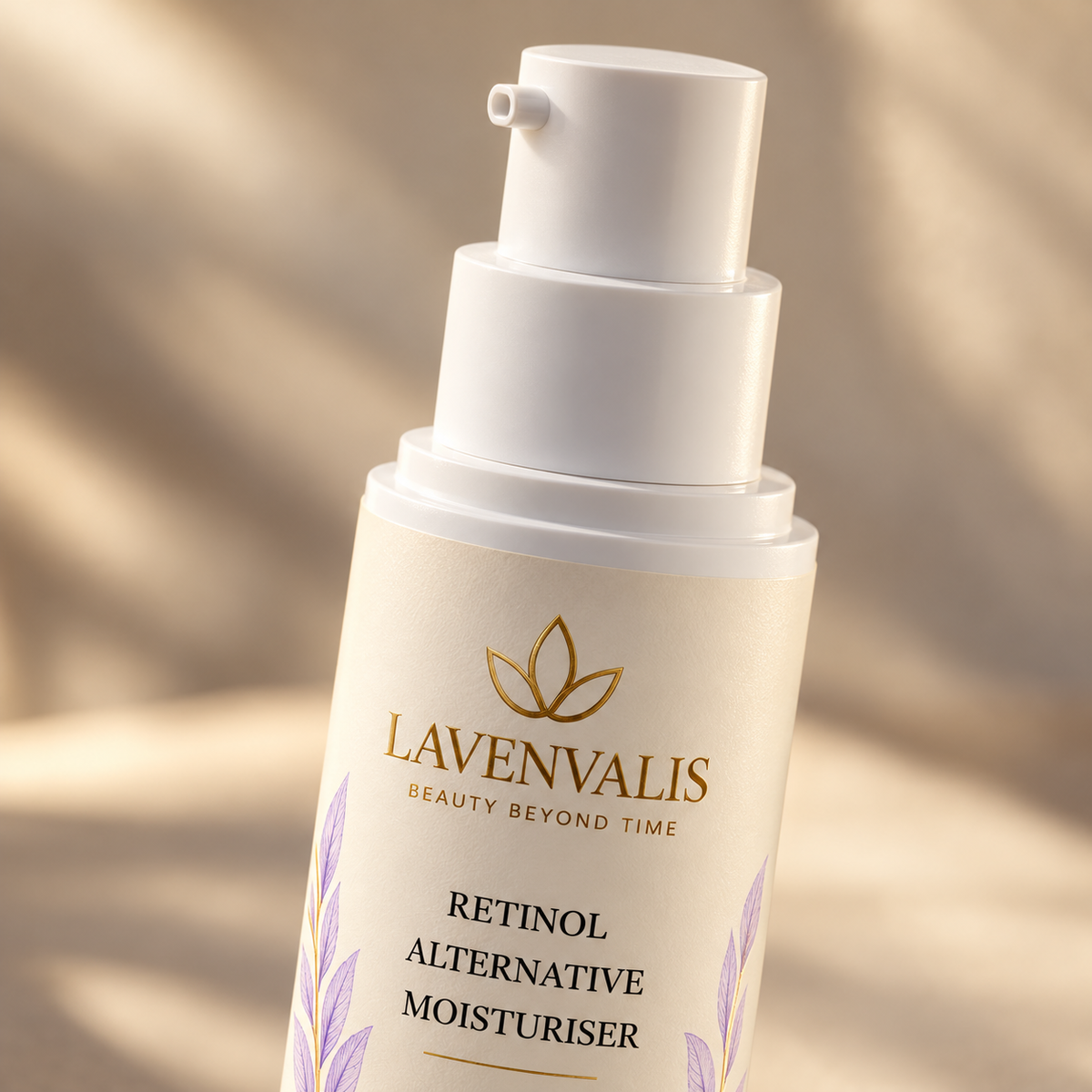 Lavenvalis Retinol Alternative Moisturiser 50 ml — white pump and logo detail