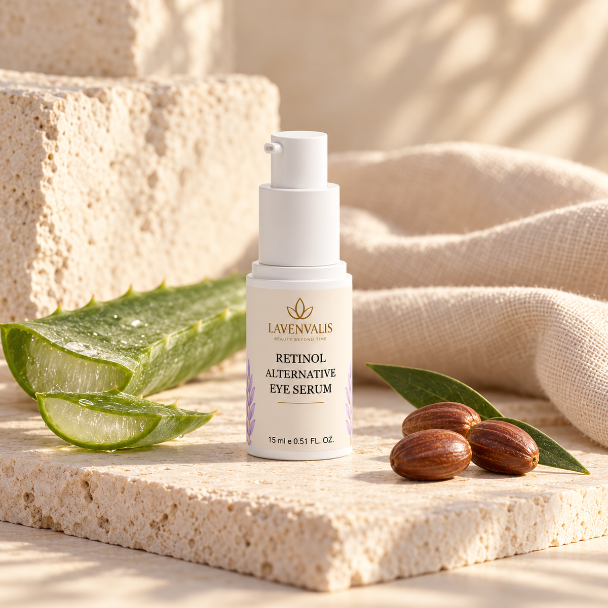 Lavenvalis Retinol Alternative Eye Serum 15 ml with aloe and jojoba — ingredient illustration