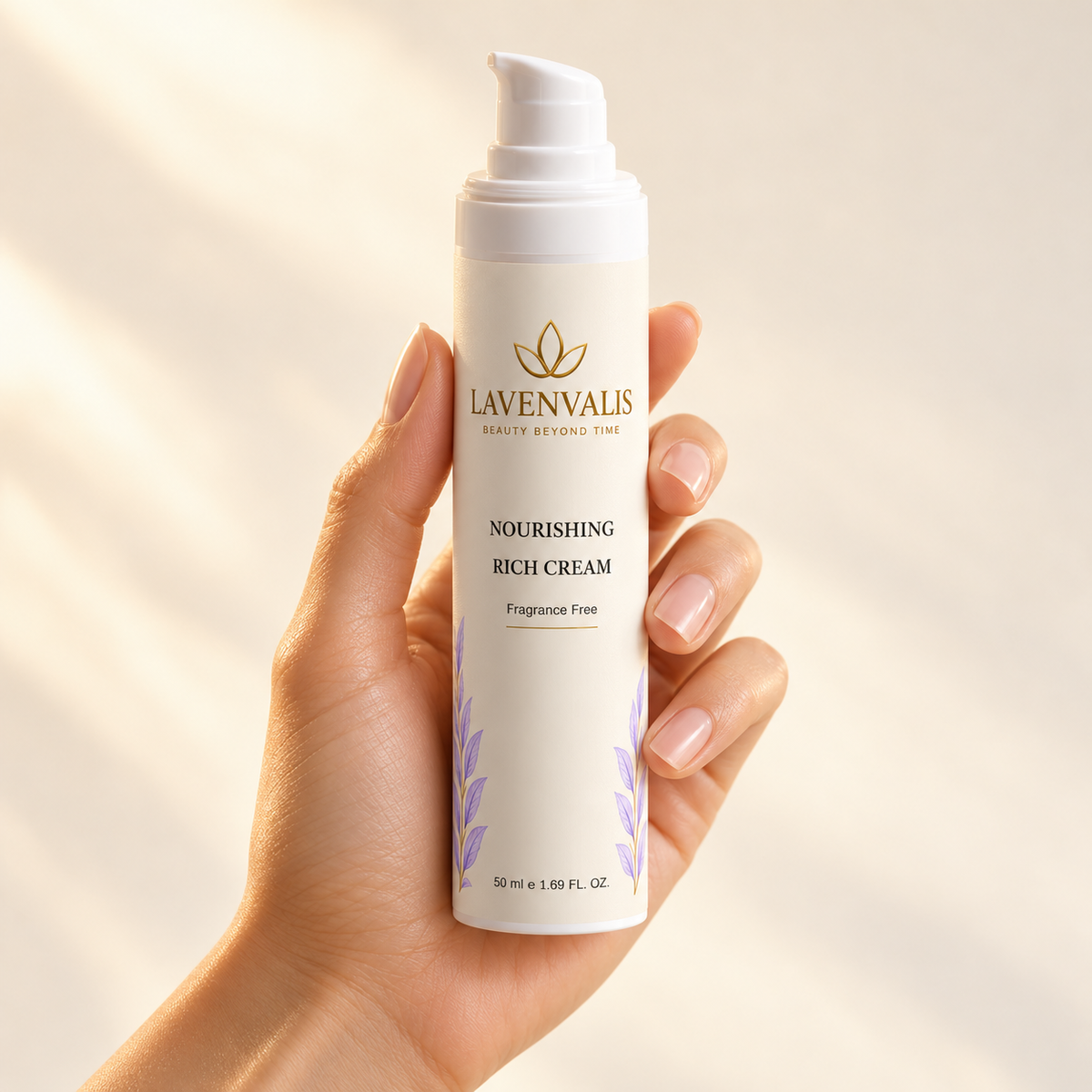 Lavenvalis Nourishing Rich Cream Fragrance Free 50 ml — bottle held in hand