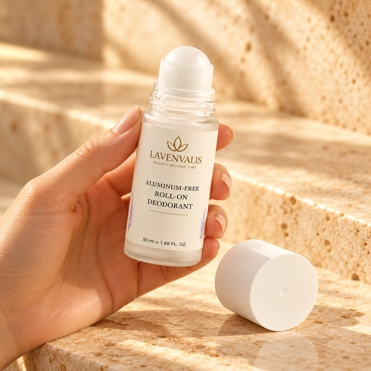 Lavenvalis Aluminum-free Roll-on Deodorant 50 ml — bottle in hand