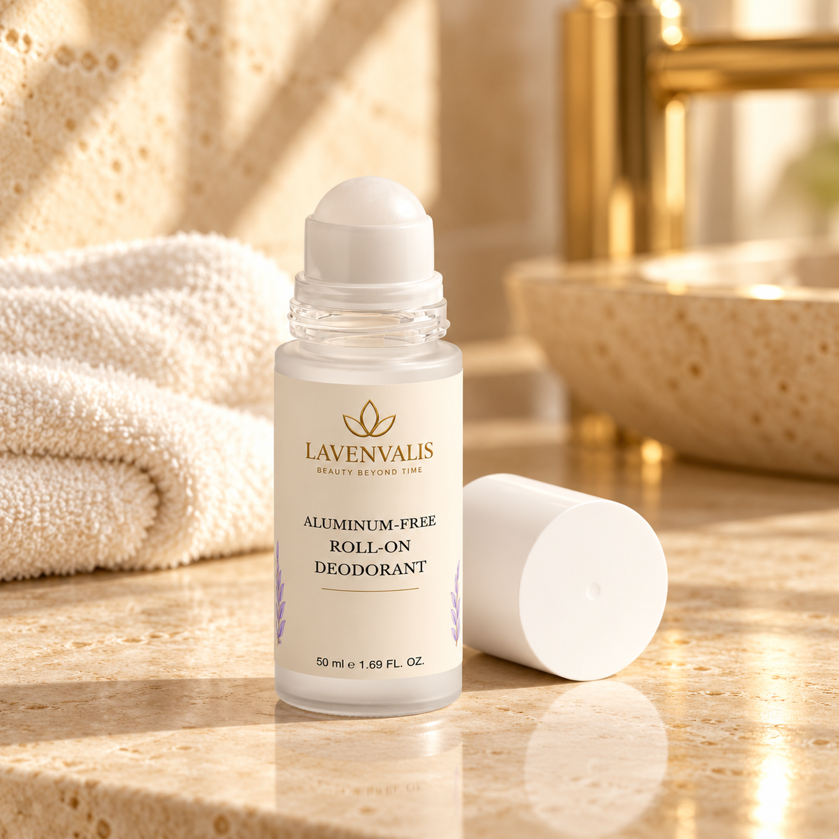 Lavenvalis Aluminum-free Roll-on Deodorant 50 ml — bathroom still life