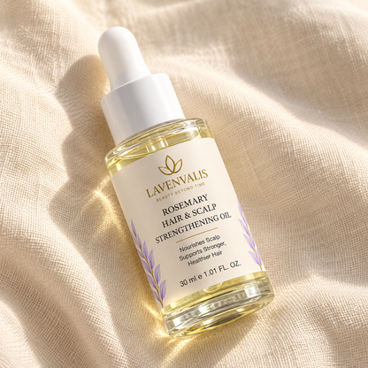 Lavenvalis Rosemary Hair & Scalp Strengthening Oil 30 ml — diagonal flat lay