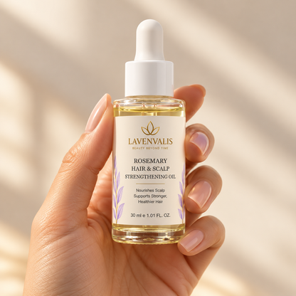 Lavenvalis Rosemary Hair & Scalp Strengthening Oil 30 ml — held in hand
