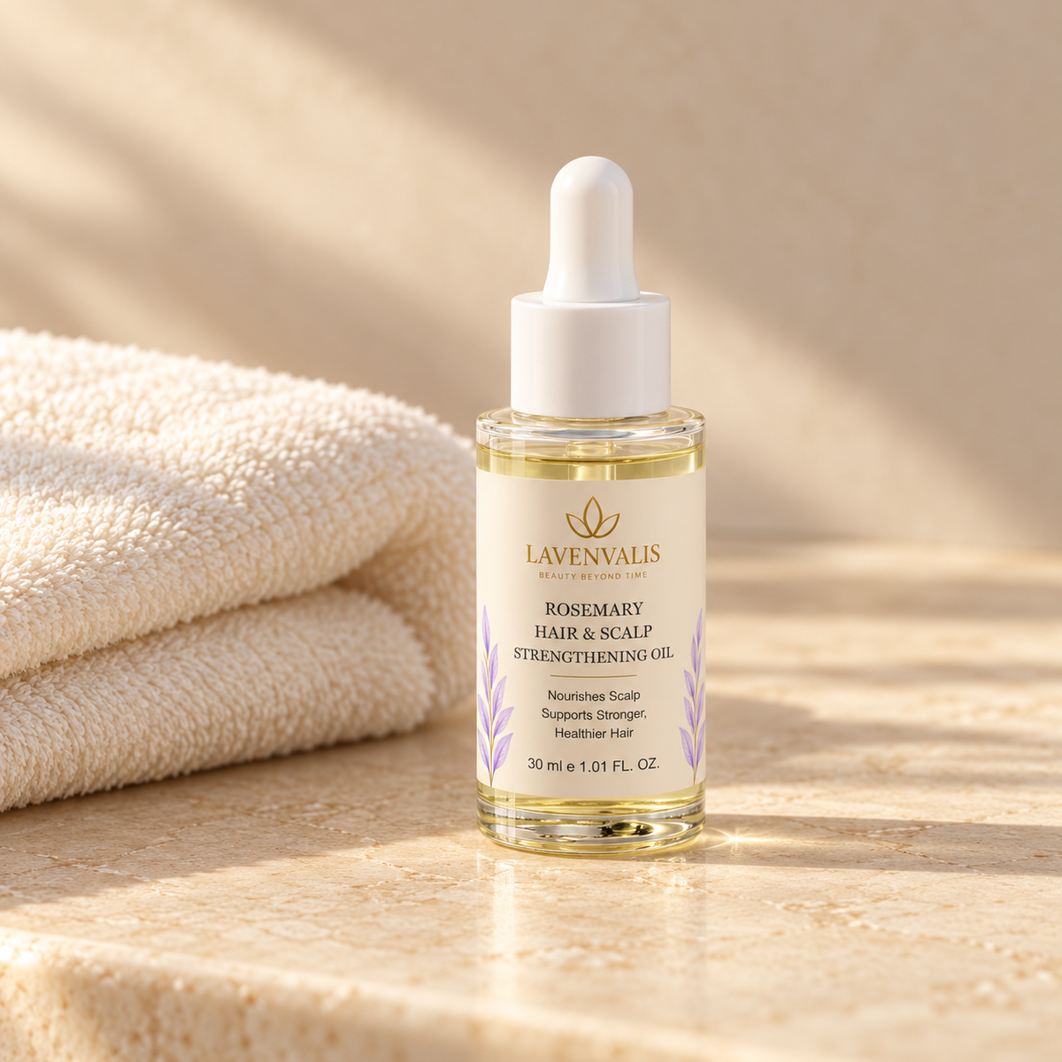 Lavenvalis Rosemary Hair & Scalp Strengthening Oil 30 ml — care ritual still life