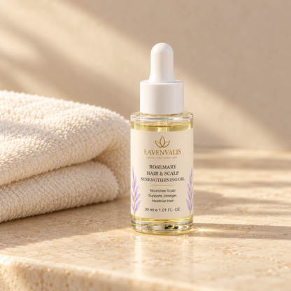 Lavenvalis Rosemary Hair & Scalp Strengthening Oil 30 ml — care ritual still life