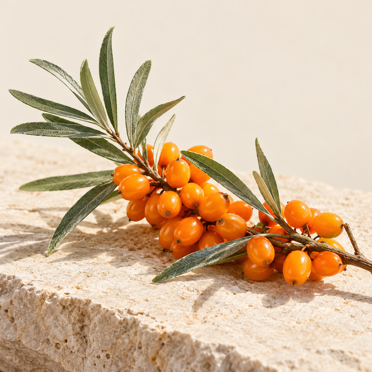 Sea-buckthorn berries and leaves, botanical ingredient illustration