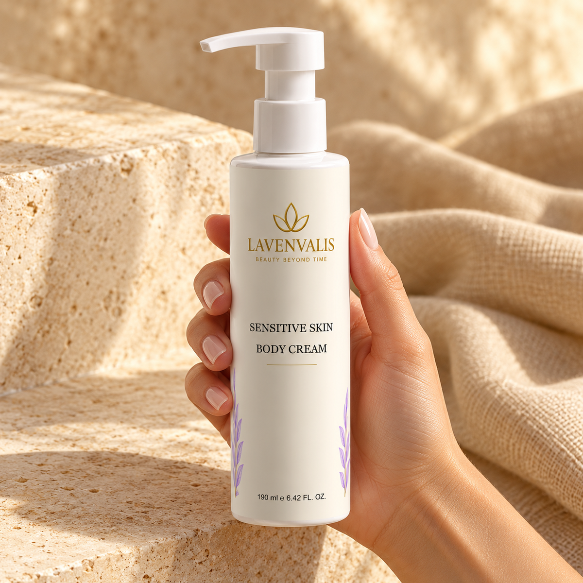 Lavenvalis Sensitive Skin Body Cream 190 ml — held in hand
