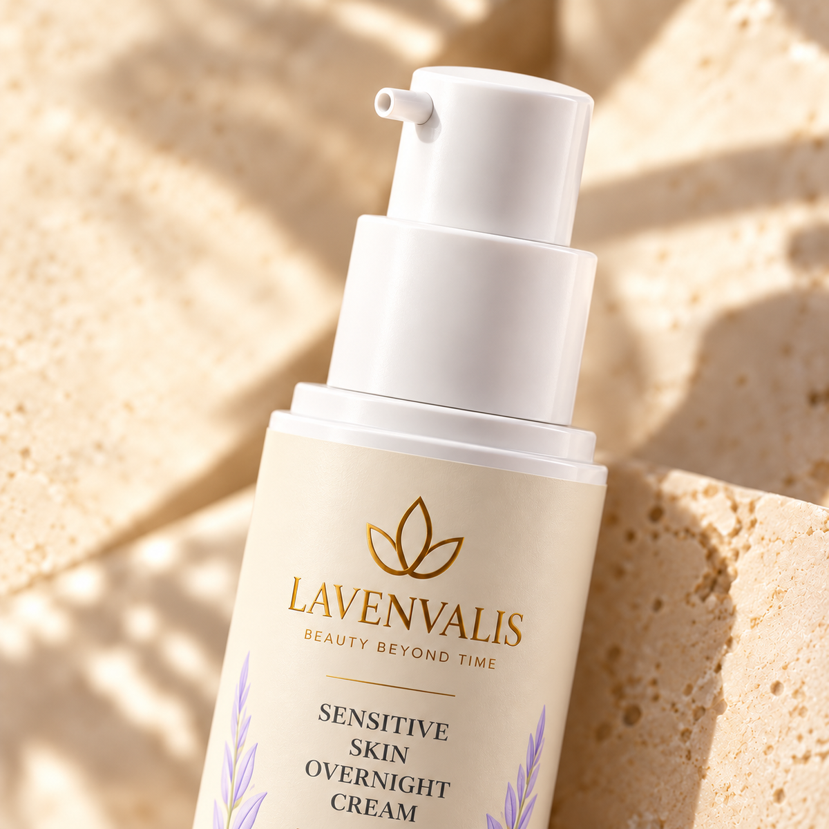 Lavenvalis Sensitive Skin Overnight Cream 50 ml — pump and label macro