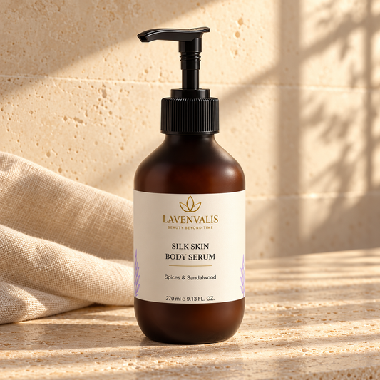 Lavenvalis Silk Skin Body Serum Spices & Sandalwood 270 ml — front bottle