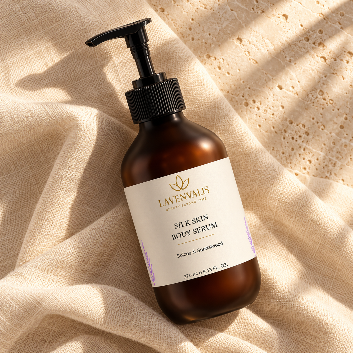 Lavenvalis Silk Skin Body Serum Spices & Sandalwood 270 ml — diagonal bottle