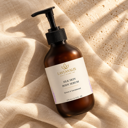 Lavenvalis Silk Skin Body Serum Spices & Sandalwood 270 ml — diagonal bottle