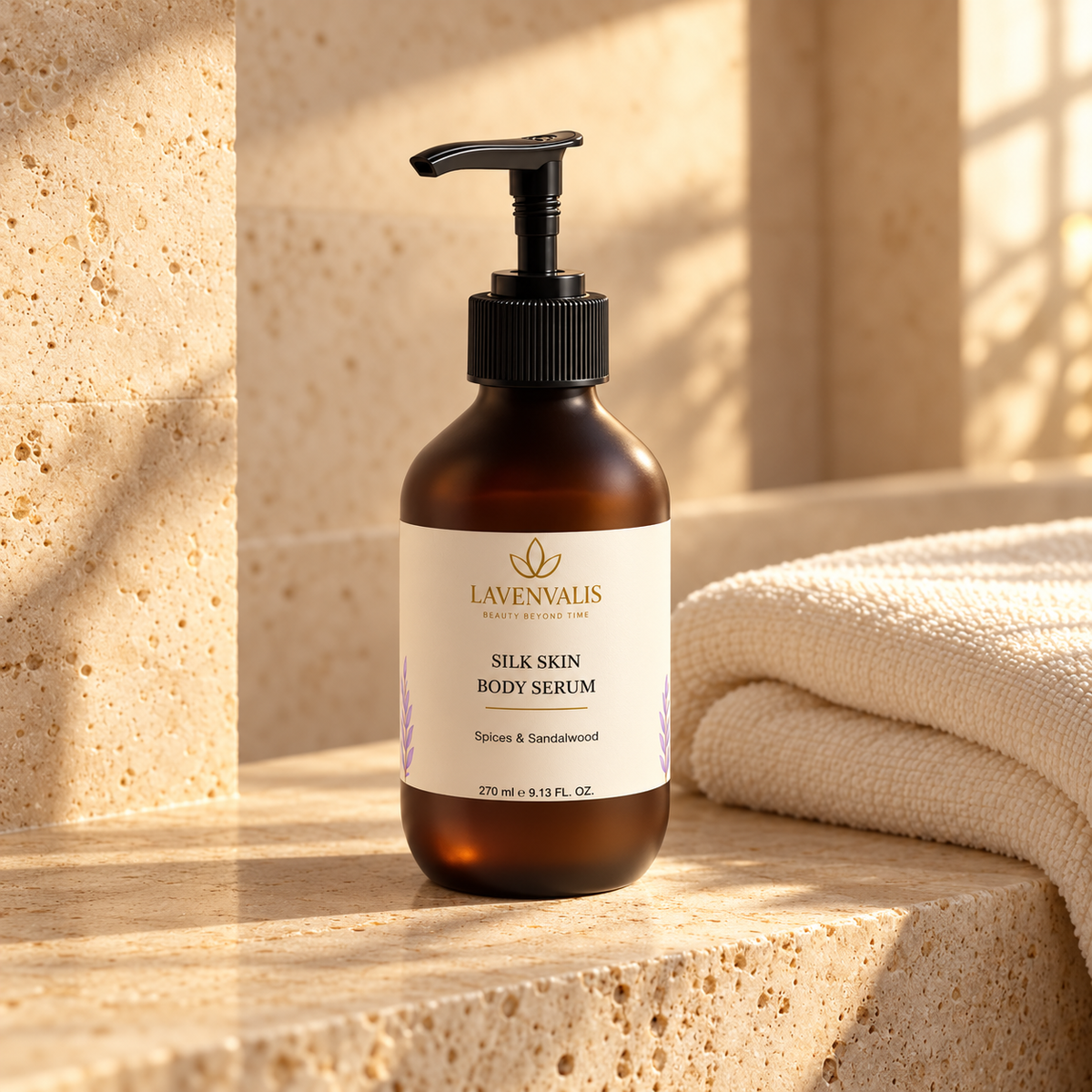 Lavenvalis Silk Skin Body Serum Spices & Sandalwood 270 ml — bathroom still life