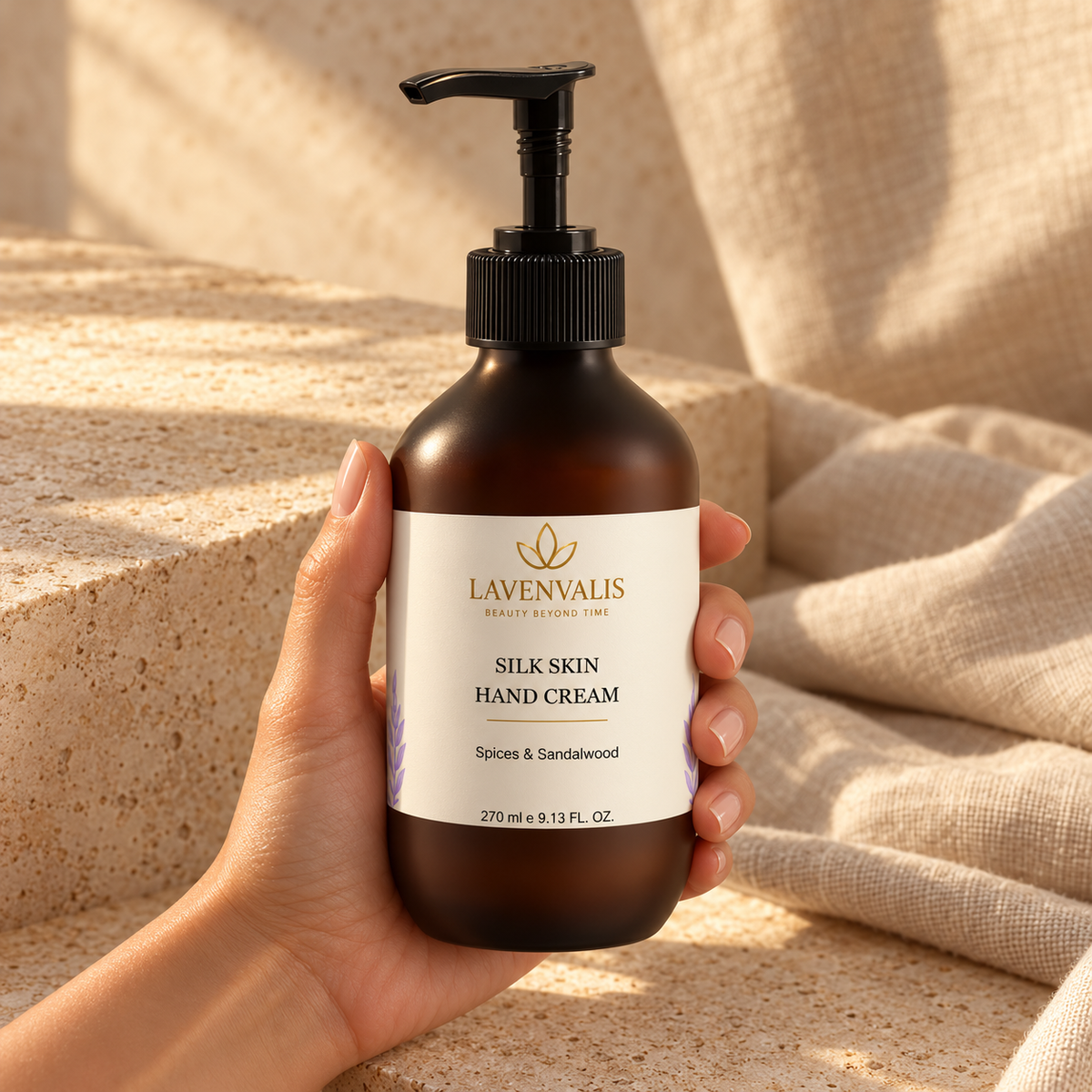 Lavenvalis Silk Skin Hand Cream Spices & Sandalwood 270 ml — held in hand