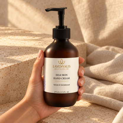 Lavenvalis Silk Skin Hand Cream Spices & Sandalwood 270 ml — held in hand